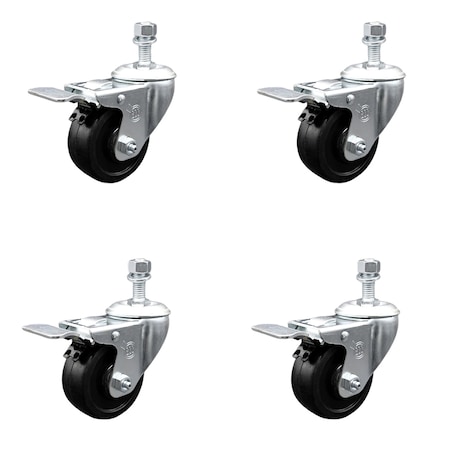 Service Caster 3.5 Inch SS Soft Rubber 12mm Threaded Stem Caster Set Total Lock Brake SCC SCC-SSTSTTL20S3514-SRS-M1215-4
